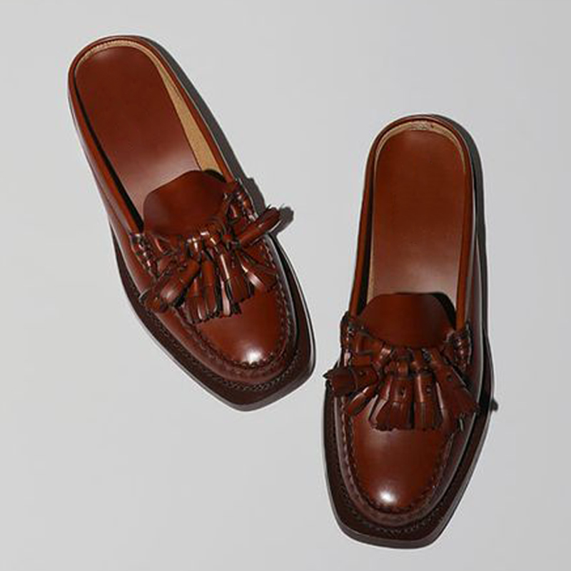 GOOSHOE Brown Square Toe Tassel Pumps With Block Heel Casual Mules
