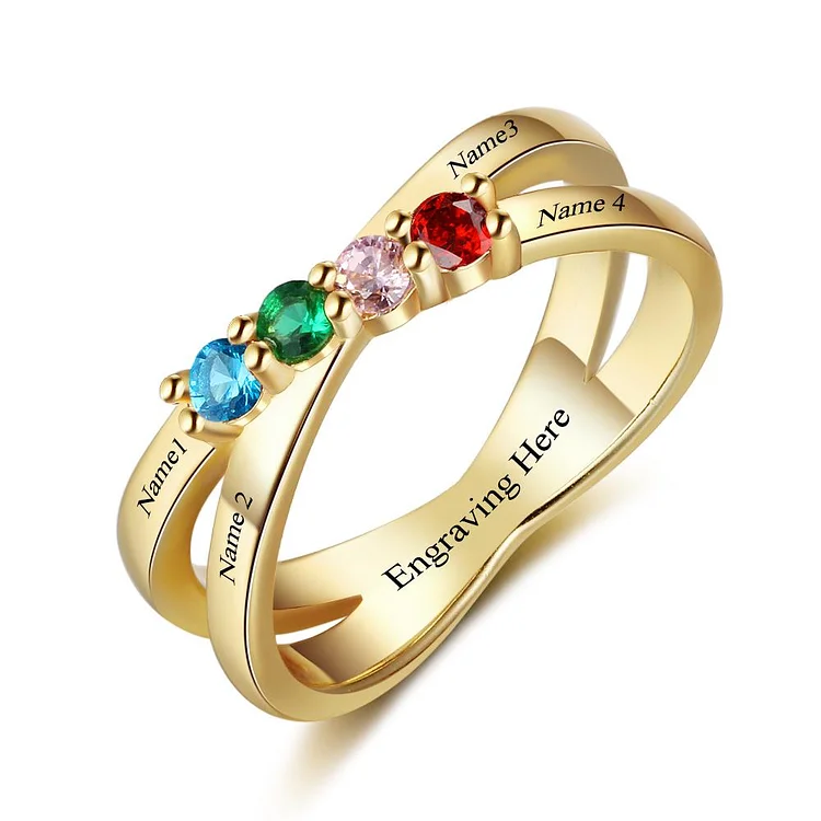Famliy Ring with 4 Birthstones 4 Names Personalised Engraved Mother Rings 18K White Gold Plated
