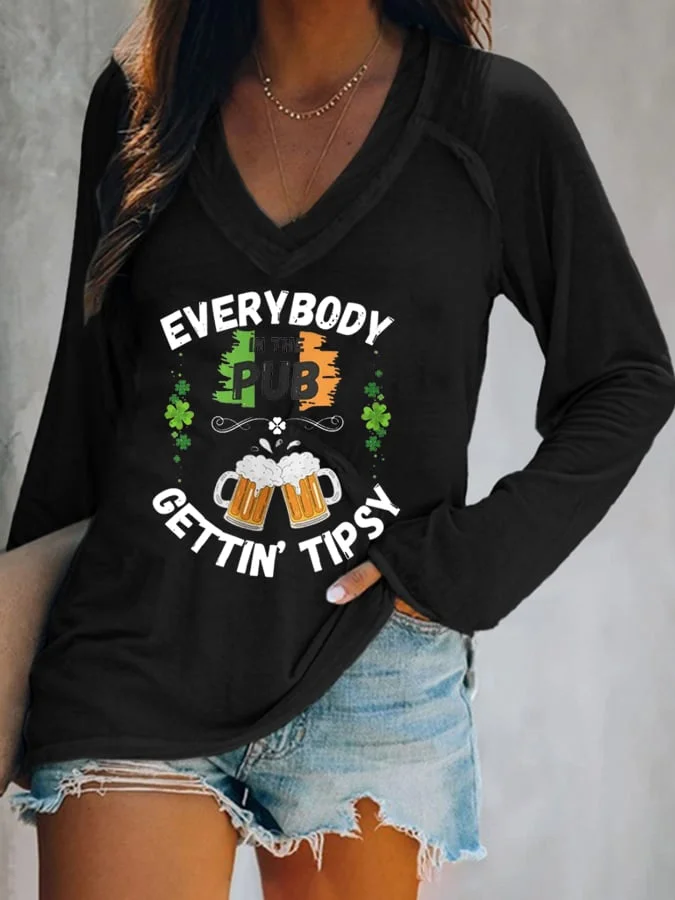 Everybody In The Pub Gettin' Tipsy Printed V-Neck Long Sleeves Women's T-shirt socialshop