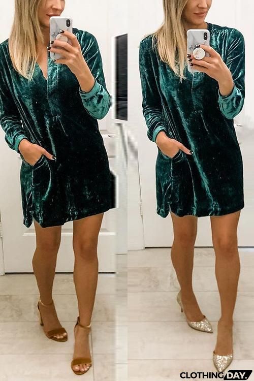 V Neck Pockets Velvet Shirt Dress