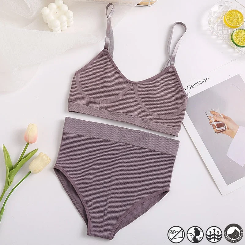 Women Sexy Underwear Seamless Bra Set High Waist Panties Female Bralette Lingerie Fitness Crop Top Simple Active Girls Sport Bra