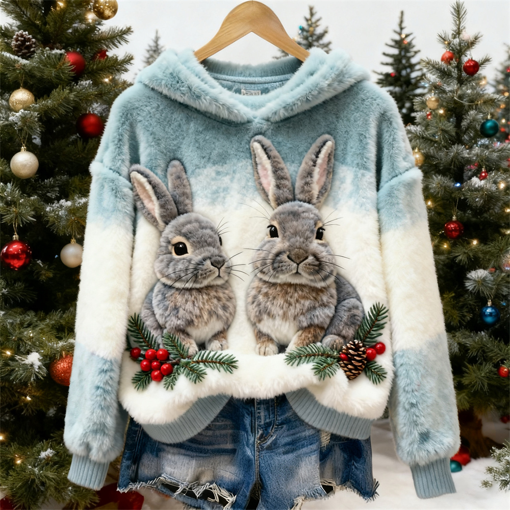 Christmas Rabbit Design Women's Hooded Fleece Sweater elevenforest