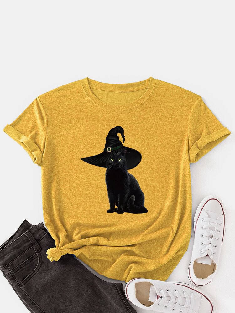 Cat Print Short Sleeve O neck Loose Casual T Shirt For Women P1799977