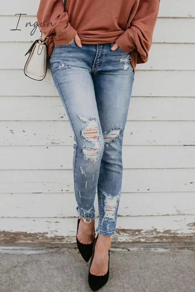 Ingvn - Slim Hole Elastic Leggings Blue / S Bottoms