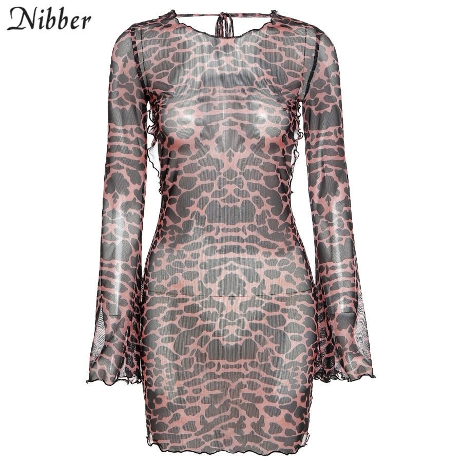 Nibber Party Night Sexy Leopard Backless See-Through Clubwear Women Clothing Flared Sleeves Lace Up Bodycon Mini Street Dresses