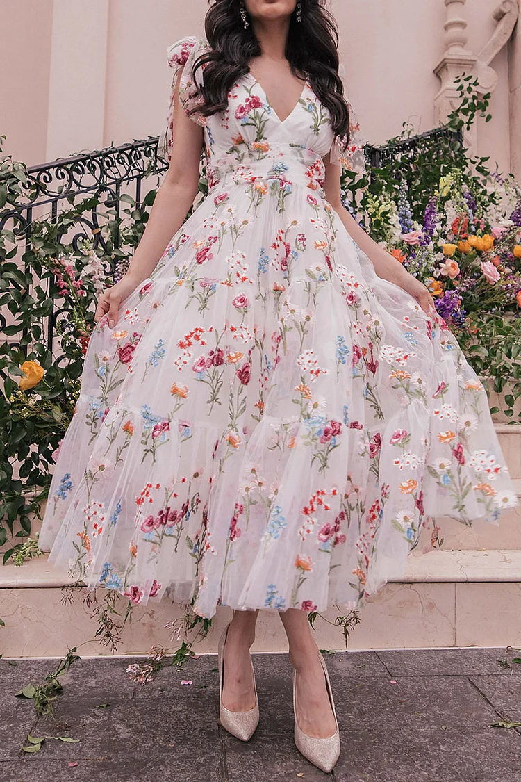 Knotted Straps Deep V Neck Tulle Floral Print Tiered Pleated Vacation White Midi Dresses [Pre Order]