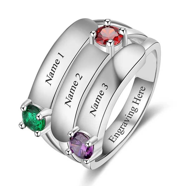 Birthstone Mothers Ring 3 Stones Engraved 3 Names Personalized Mom Rings Sterling Silver