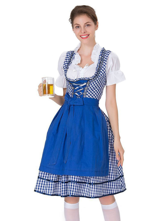 Oktoberfest Costumes Beer Girl Gingham Plaid Lace Up Bow Cotton Halloween Costumes Novameme