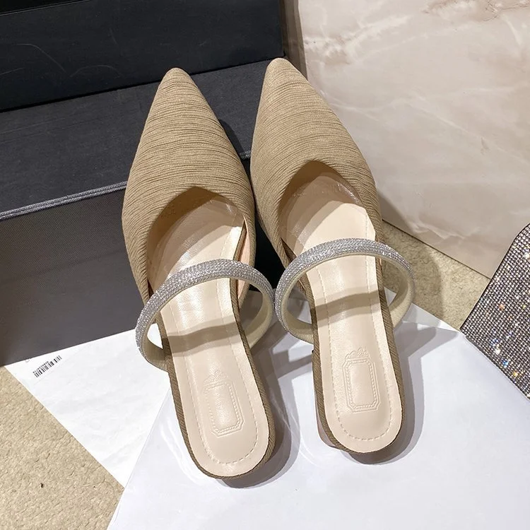 Wongn Wongn 2024 New Korean Version Of Cloth Baotou Half Drag Diamond Thick Heel Slippers Lazy Slippers Women's Shoes