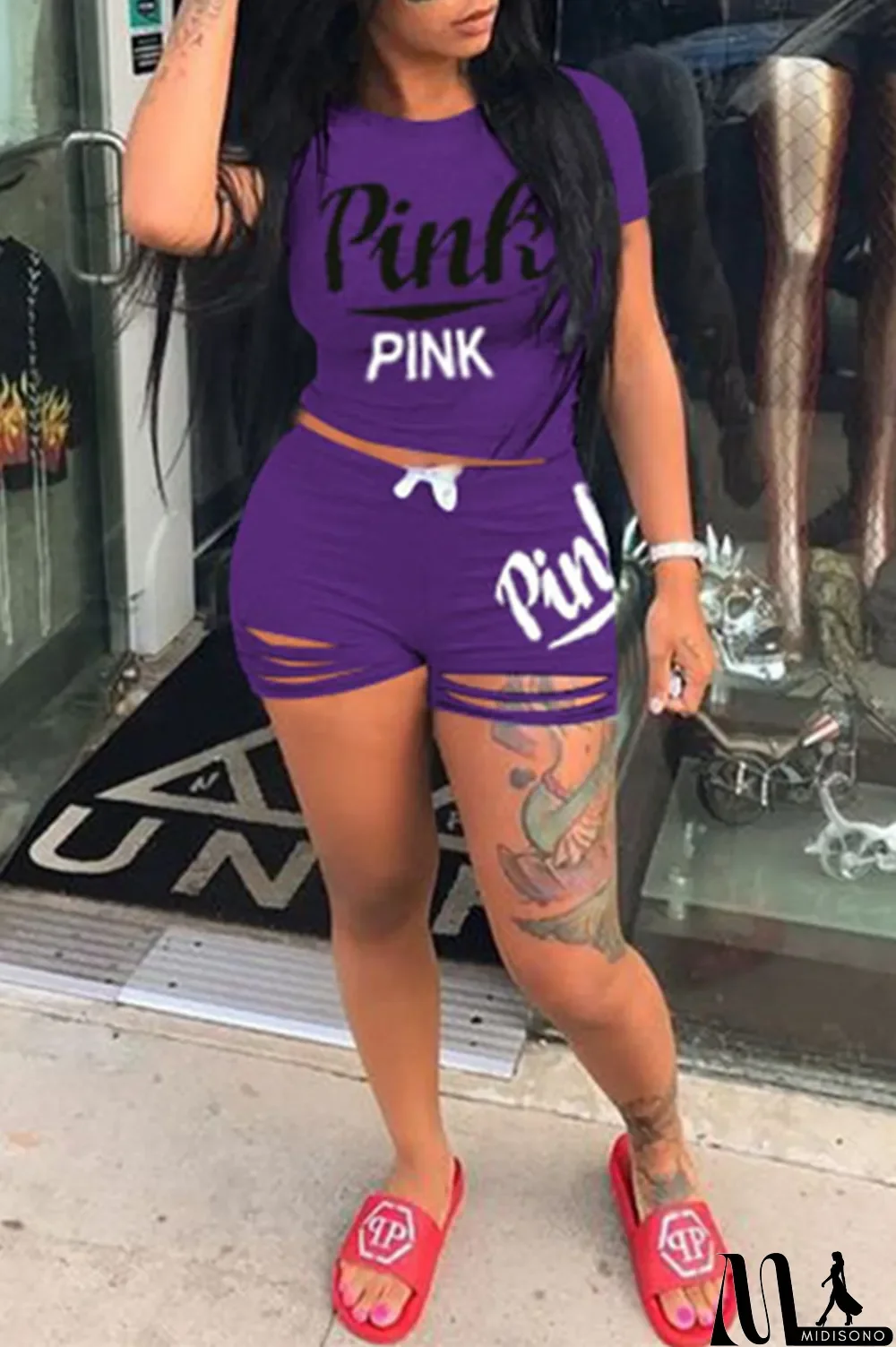 MidiSono - Pink Fashion Casual Letter Print Ripped O Neck Short Sleeve Two Pieces