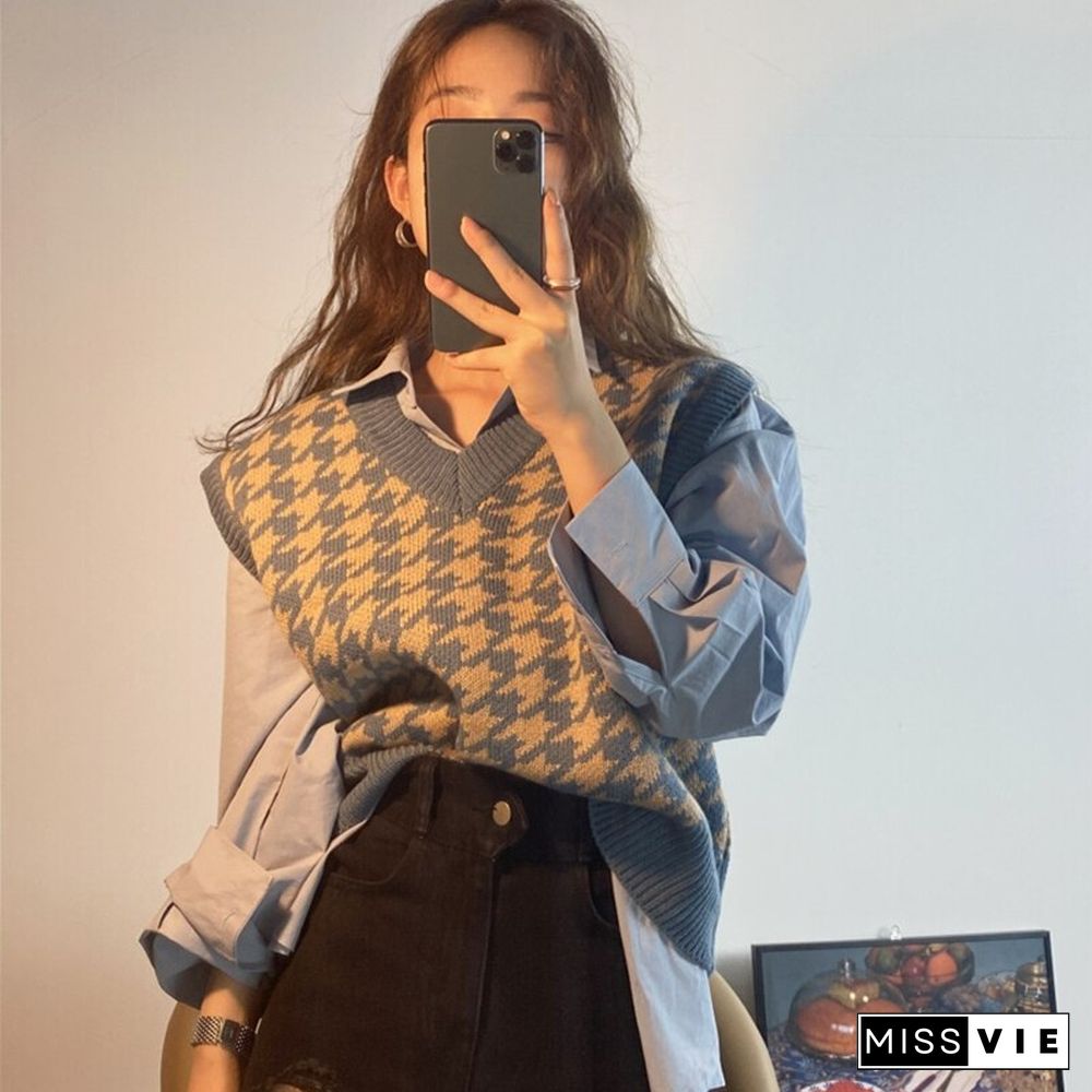 New Women'S Knit Vest Fall Winter Retro Casual Loose V-Neck Sleeveless For Female Classic Houndstooth Pattern Waistcoat Sweater
