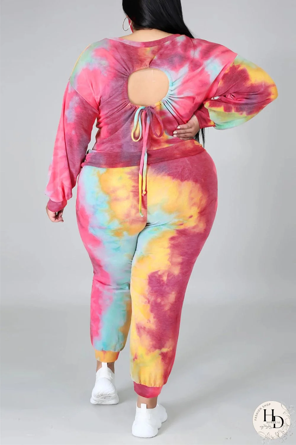 Dark Blue Fashion Casual Print Tie Dye Tie-dye Backless O Neck Plus Size Set