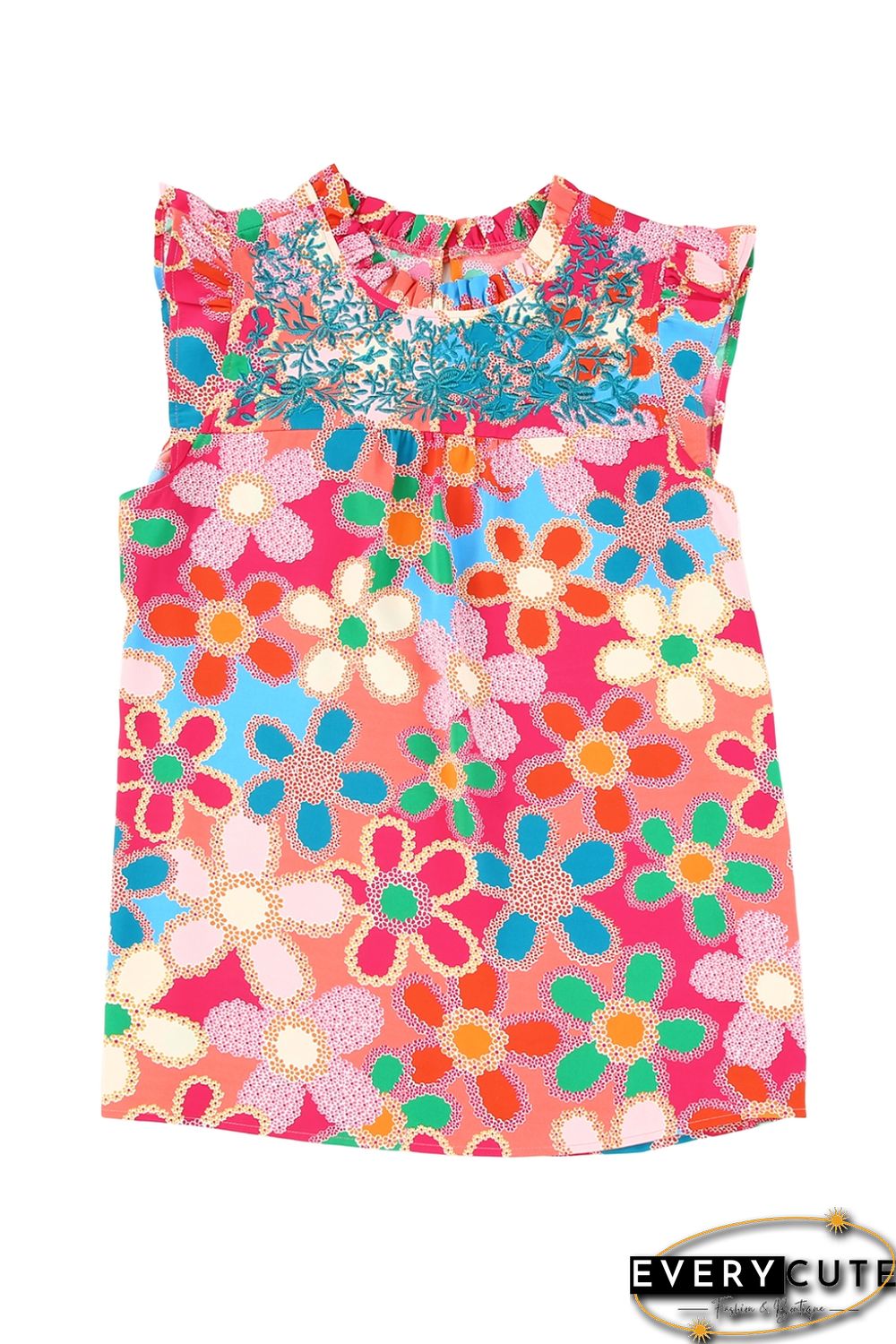 Pink Embroidered Detail Floral Print Ruffle Trim Tank Top