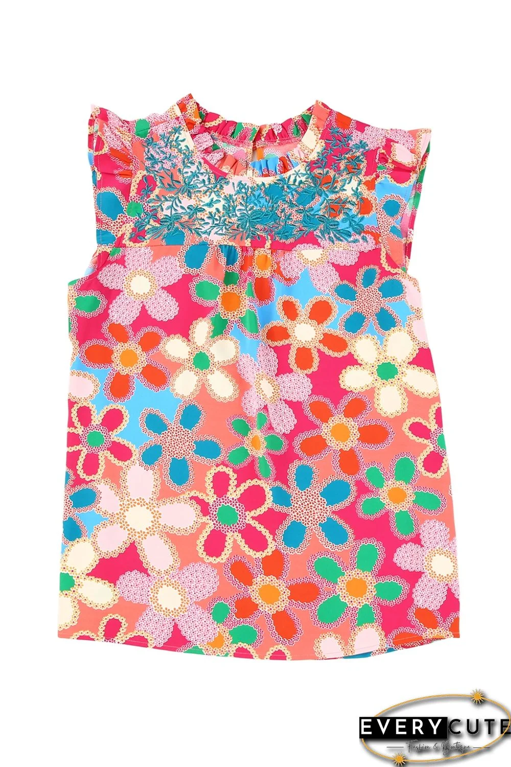 Pink Embroidered Detail Floral Print Ruffle Trim Tank Top