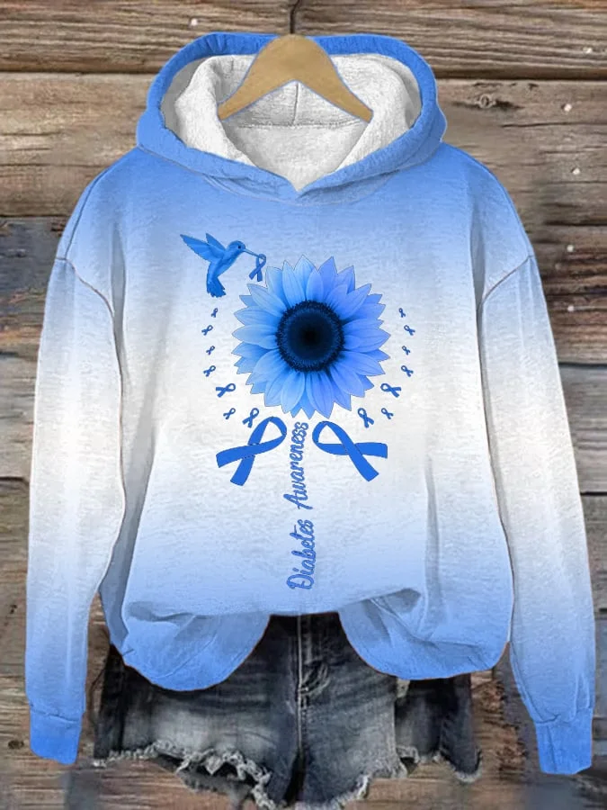 Women's Diabetes Awareness Hummingbird Daisy Print Hoodie