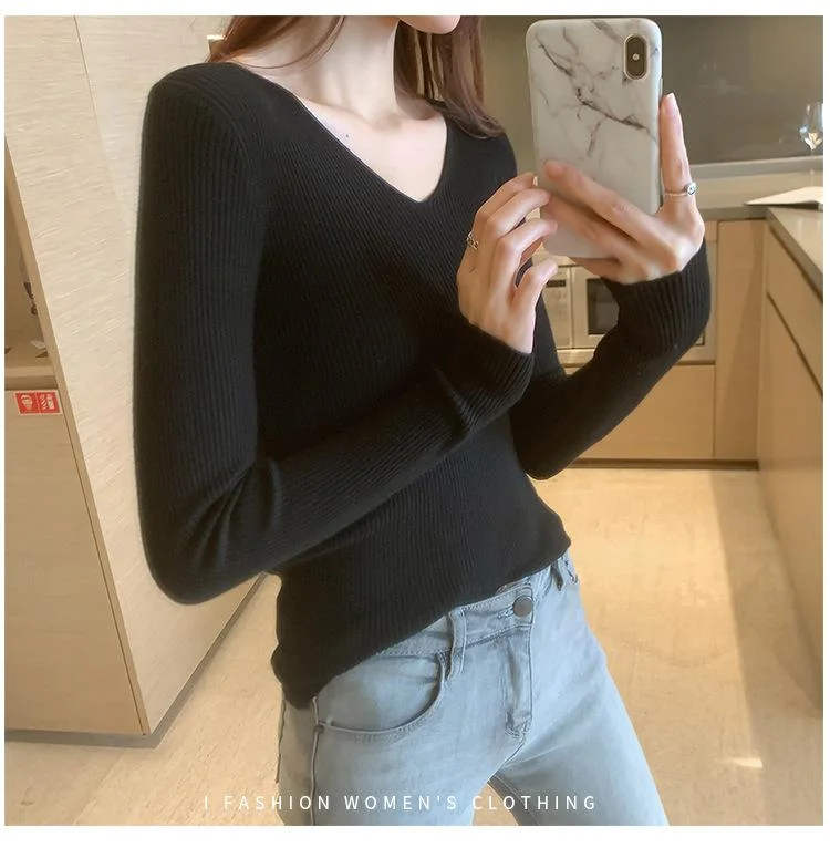 Elastic Sweater 2021 Autumn Winter Knitted Ribbed Pullovers Full Sleeve V-Neck Slim Jumper Solid Slim Shirt Casual Warm Tops Hot