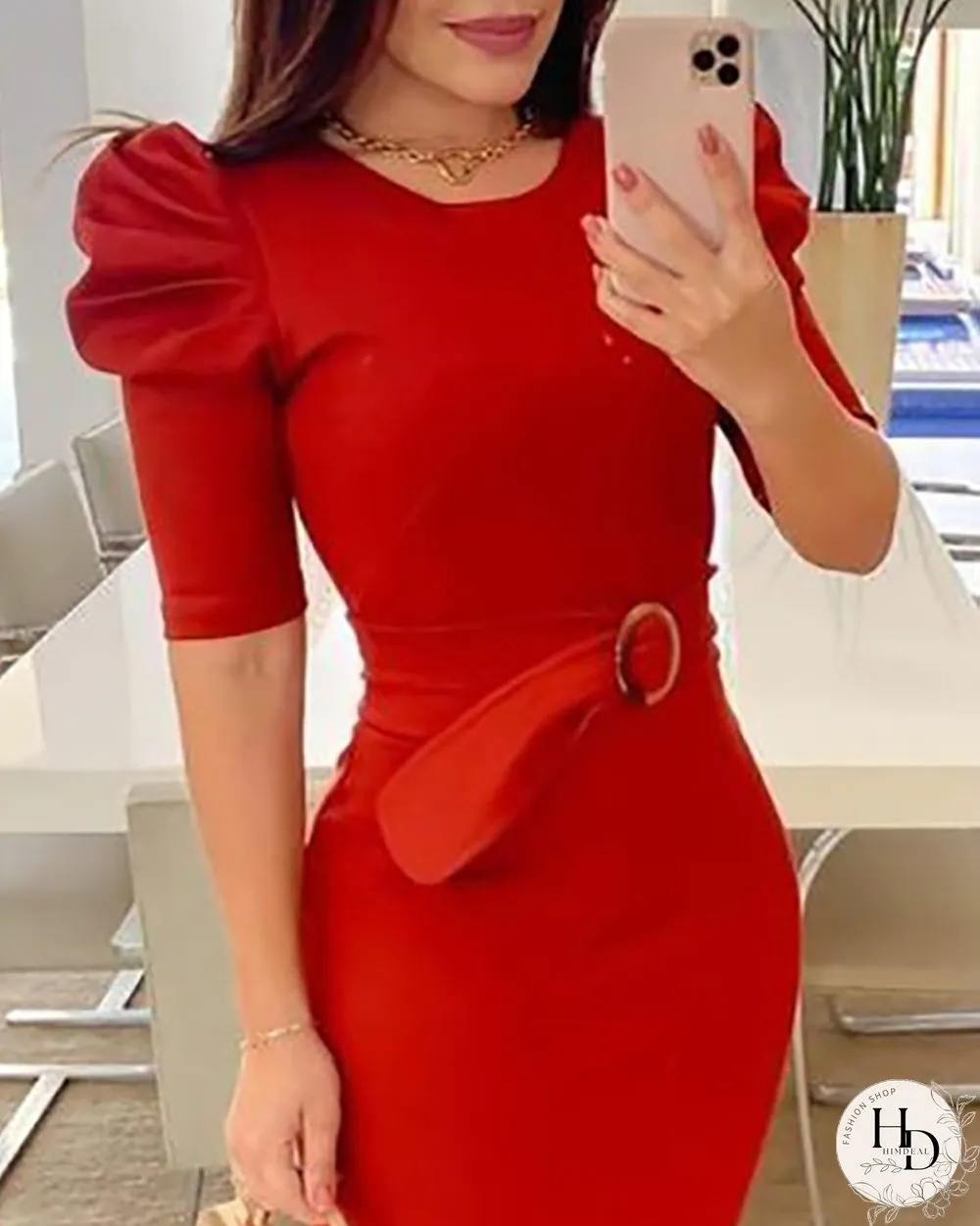 Puff Sleeve Casual Work Dress With Belt