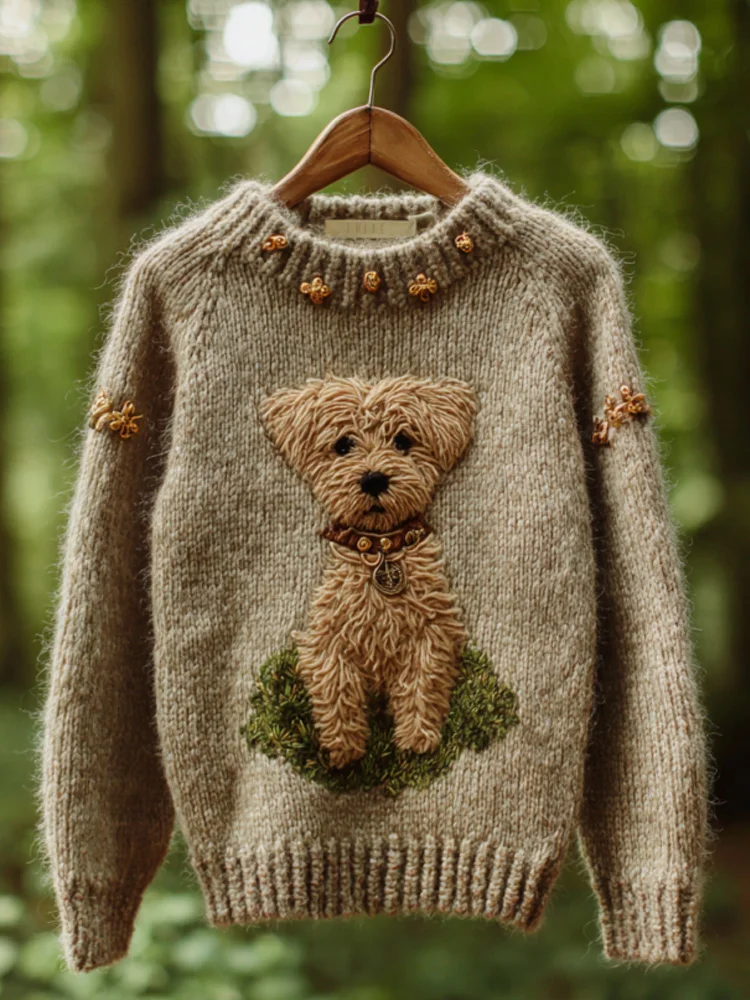Women's Vintage Mohair Dog Embroidered Sweater