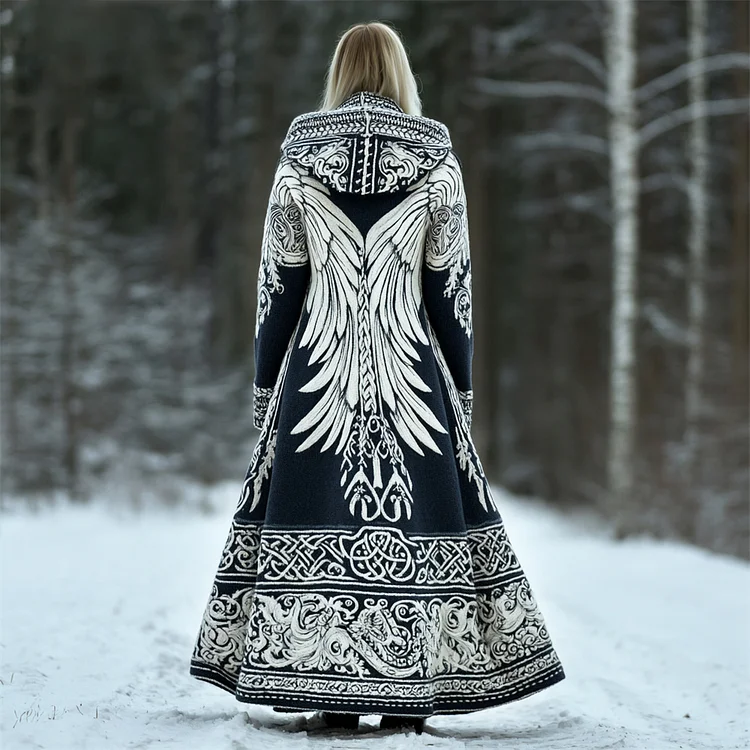 Viking Phoenix Wings Design Women's Knit Hooded Maxi Cardigan