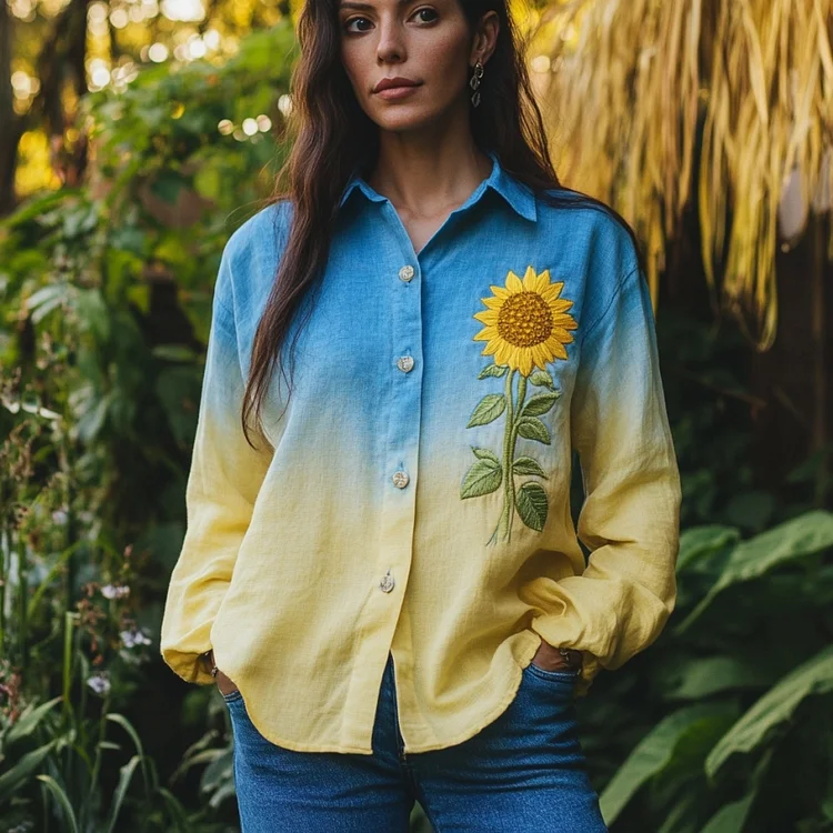 Ukrainian Sunflowers Embroidered Gradient Art Print Long Sleeve Shirt