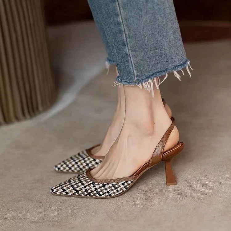 Wongn Wongn 2023 New Fashion Plaid Pointed Head Hollow Cover High Heel Sandals Thin Heel Women's Shoes
