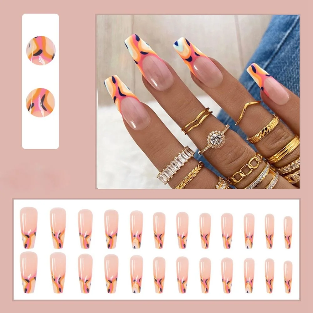 24pcs/Box Detachable Wavy lines nail Long Ballerina False Nails Wearable Coffin Fake Nails Full Cover Nail Tips Press On Nails-Nail Inspo