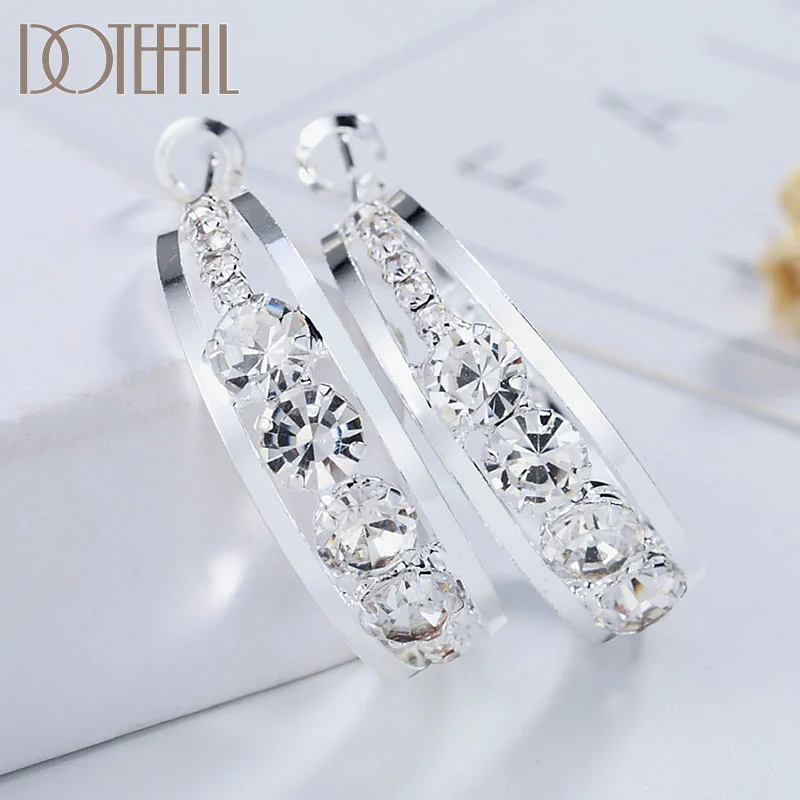 DOTEFFIL 925 Sterling Silver Gold Black Geometric Rhombus AAA Zircon 31mm Round Earrings Women Jewelry