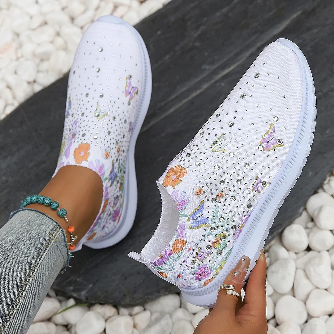 Yyvonne Women's Shoes Spring Breathable Sports Casual Shoes Water Drill Rainbow Shiny Flying Shoes Thick-Soled Running Shoes Women