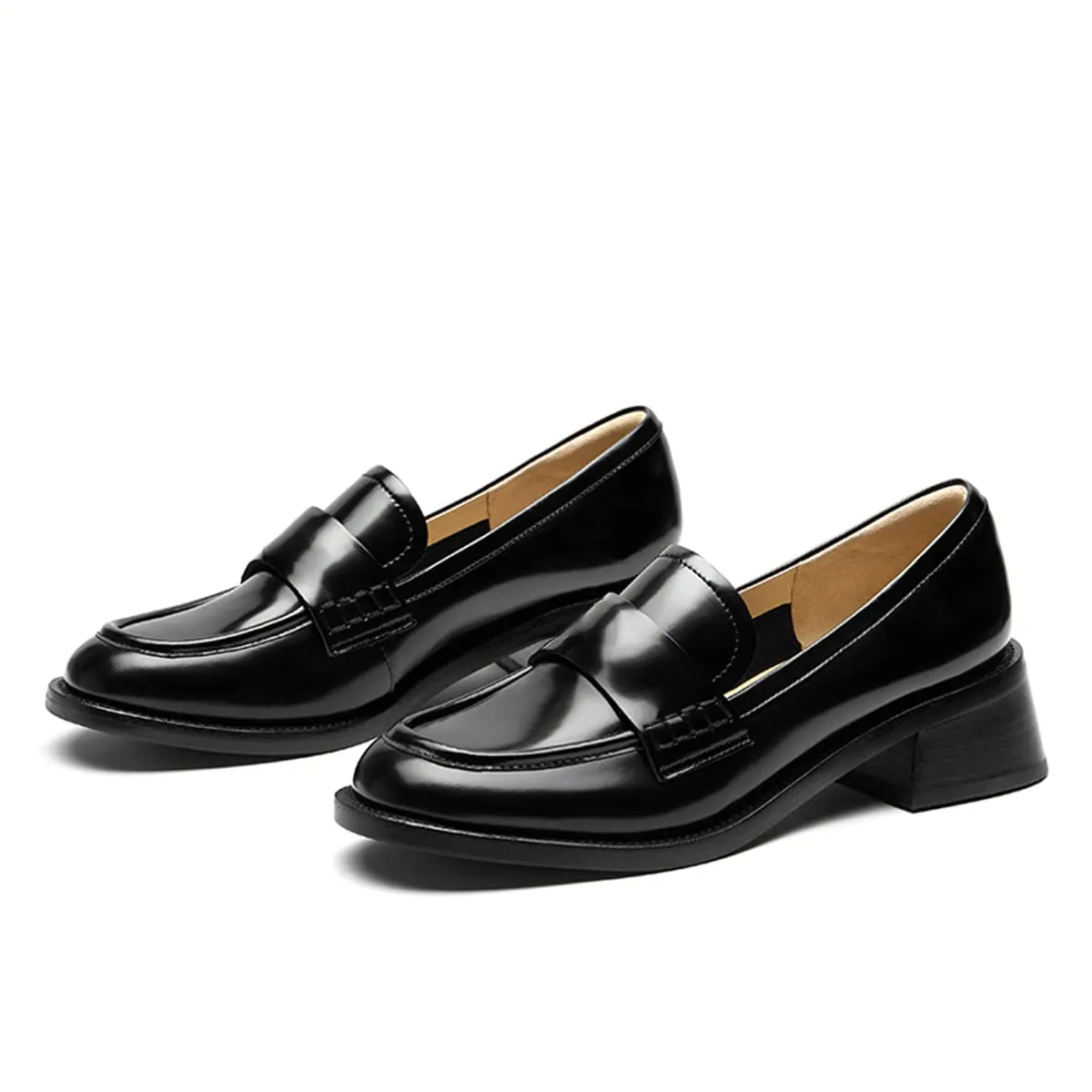 Black Round Toe Chunky Low Heel Slip On Business Women's Loafers Nicepairs