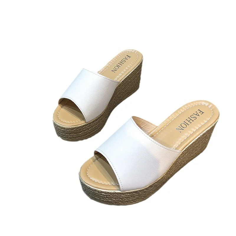 Breakj Breakj Cake Slippers Women Cool Drag Slope With High Heel 7CM Word Drag Leather Large Size Women's Shoes 35-42 Perennial