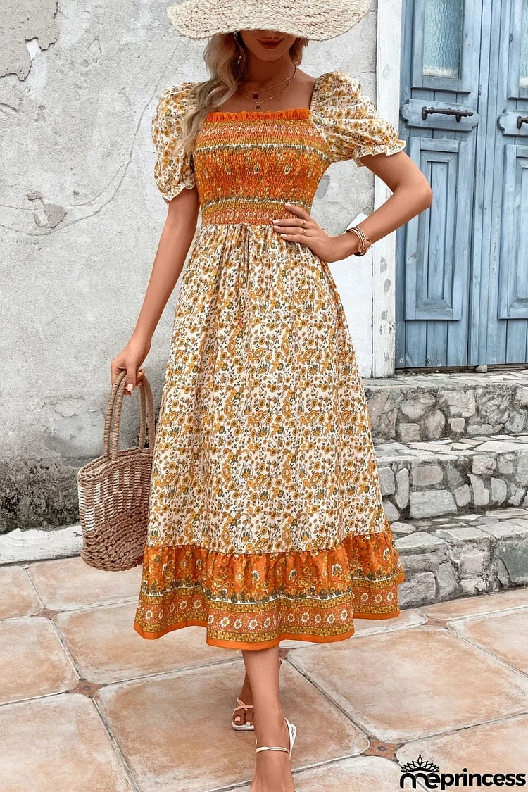 Bohemian Square Neck Puff Sleeve Dress