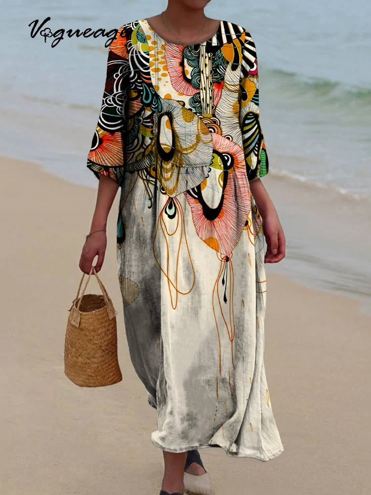 Fashion Art Pattern Printed Women's Casual Cotton And Linen Dress