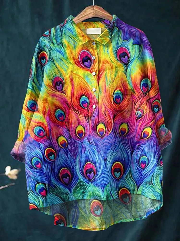 Women s Peacock Feathers Casual Cotton And Linen Shirt