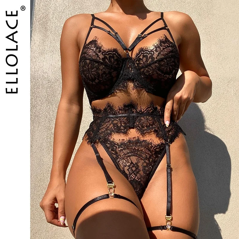 Ellolace Erotic Set Lace Lingerie Sexy Transparent 3-Piece Bitch Sensual Underwear Brief Sets Underwire Bra Intimate Goods