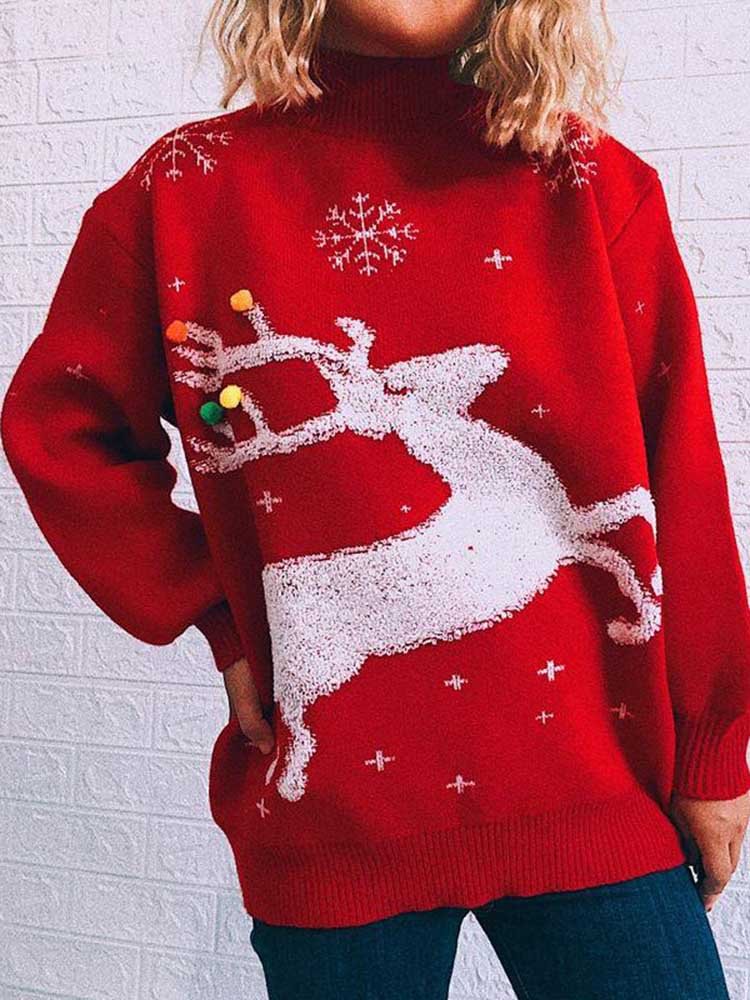 Xmas Reindeer Ugly Christmas Sweater with Snowflake Jumper-elleschic