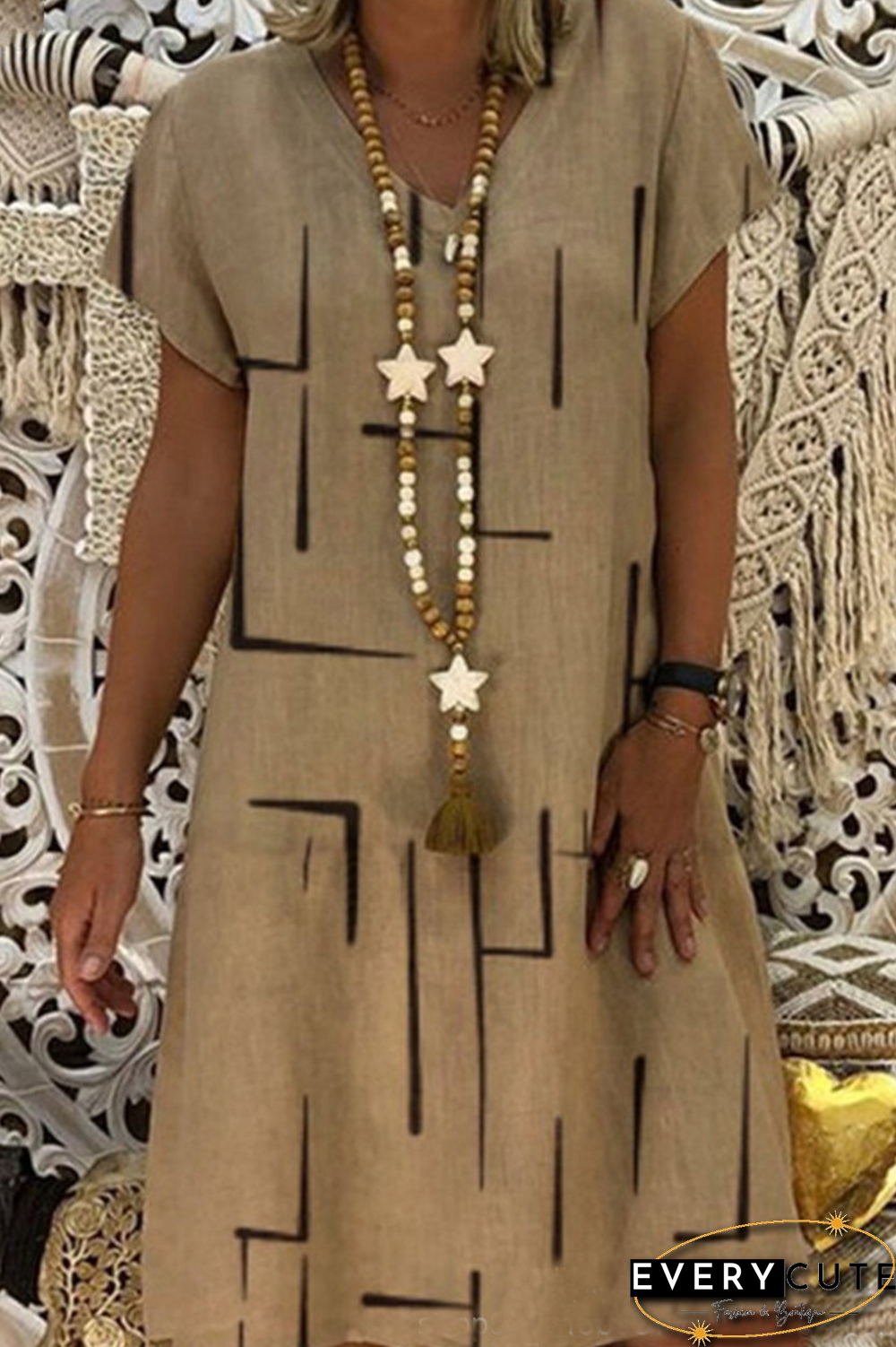 Casual Print Patchwork V Neck Straight Dresses(8 Colors)