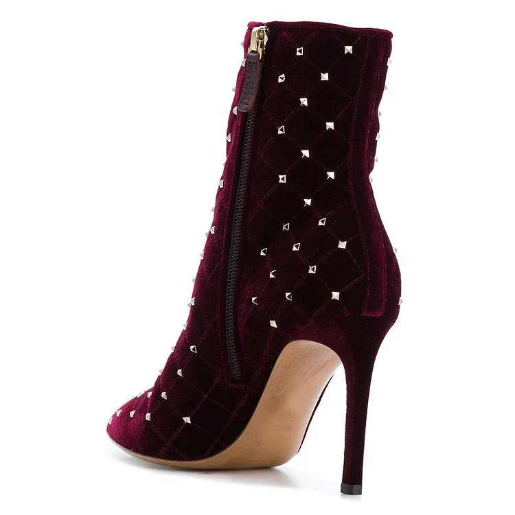 Burgundy Velvet Studded Ankle Booties with Stiletto Heels for Women Vdcoo