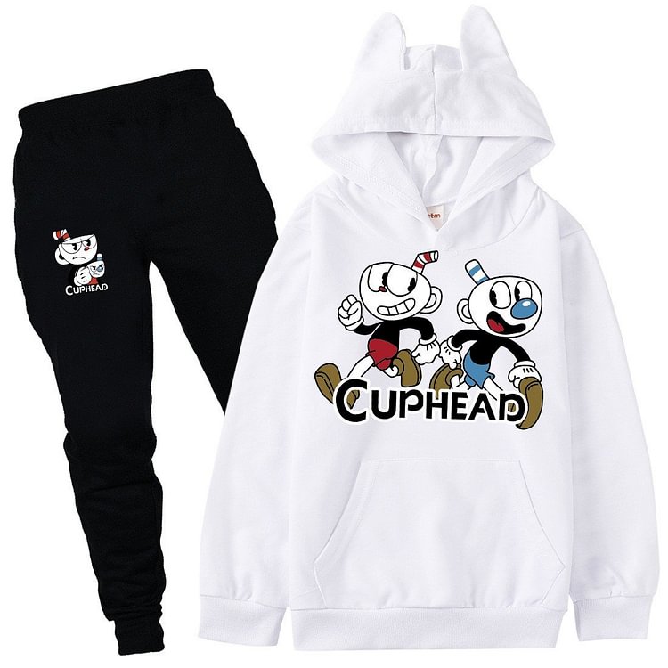 Mayoulove Cuphead Print Girls Boys Cotton Hoodie And Sweatpants Set Long Outfit-Mayoulove