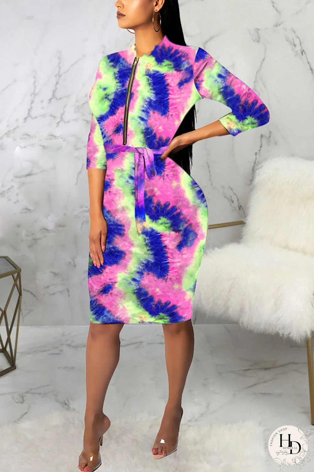 Powder blue Sexy Polyester Tie Dye Split Joint O Neck Long Sleeve Knee Length Long Sleeve Dress Dresses