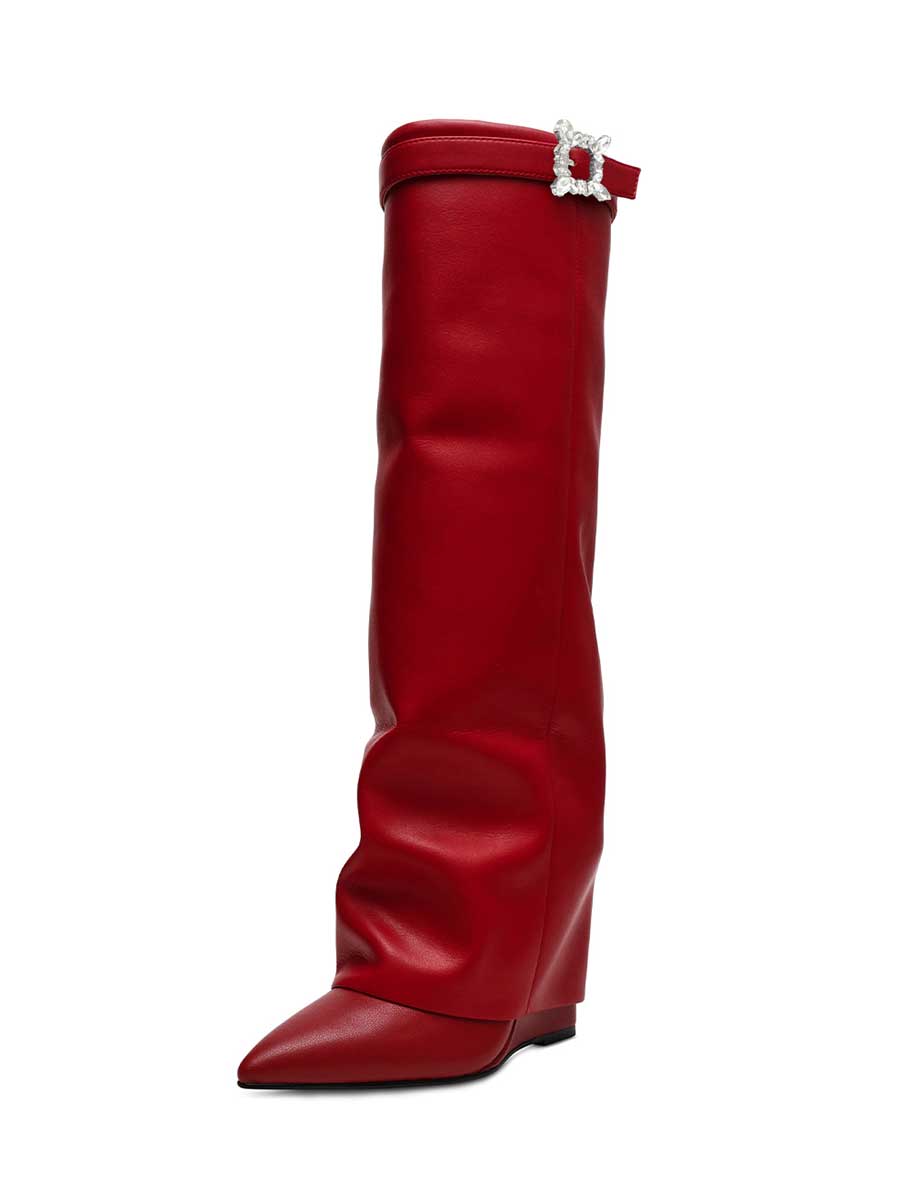 Red Pointed Toe Knee Rhinestone Buckle Fold-Over Boots with Wedges