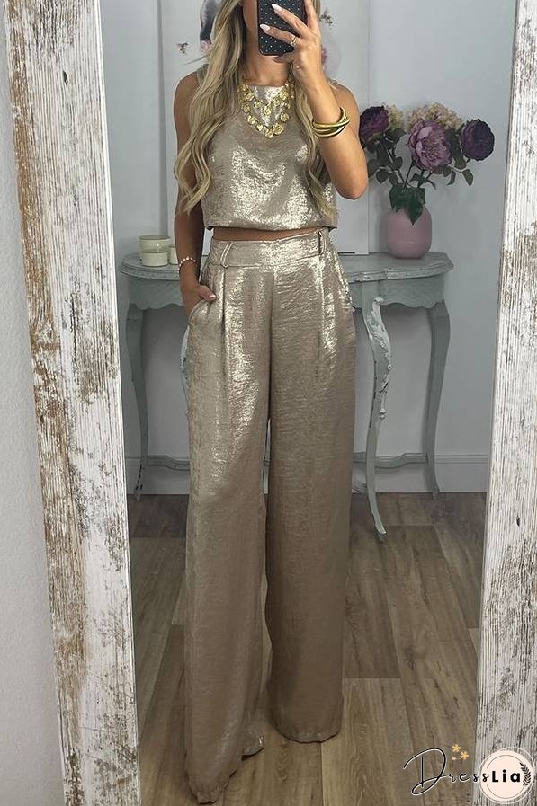Rita Metallic Fabric Back Buttons Crop Tank and Elastic Waist Pocketed Wide Leg Pants Set