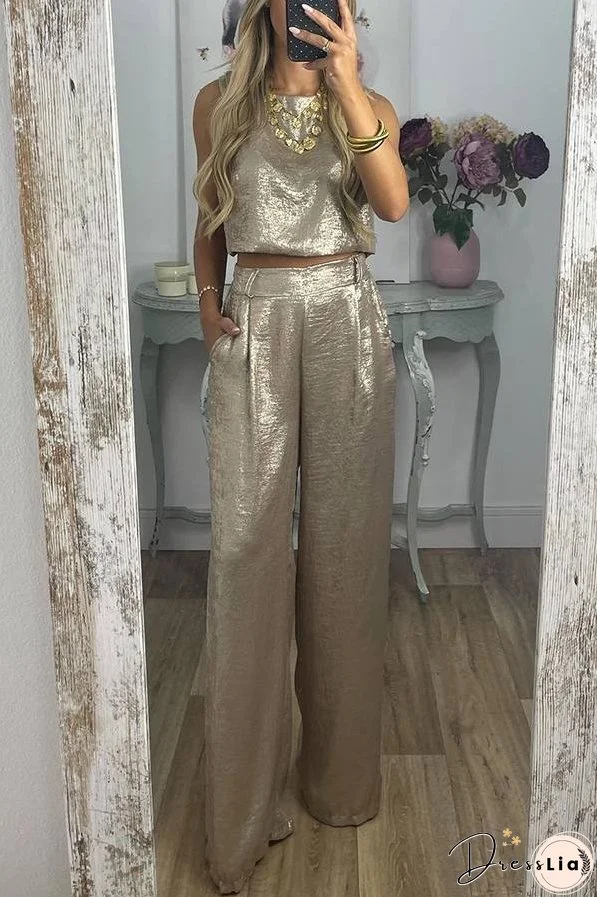 Rita Metallic Fabric Back Buttons Crop Tank and Elastic Waist Pocketed Wide Leg Pants Set