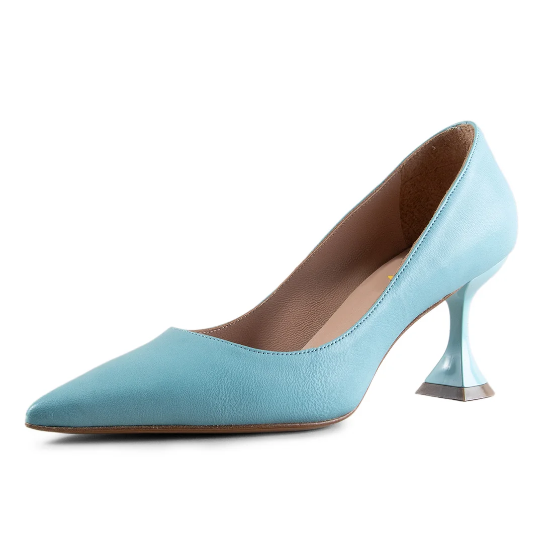 Blue Vegan Leather Pointed Toe Comfy Pumps with Flared Heels
