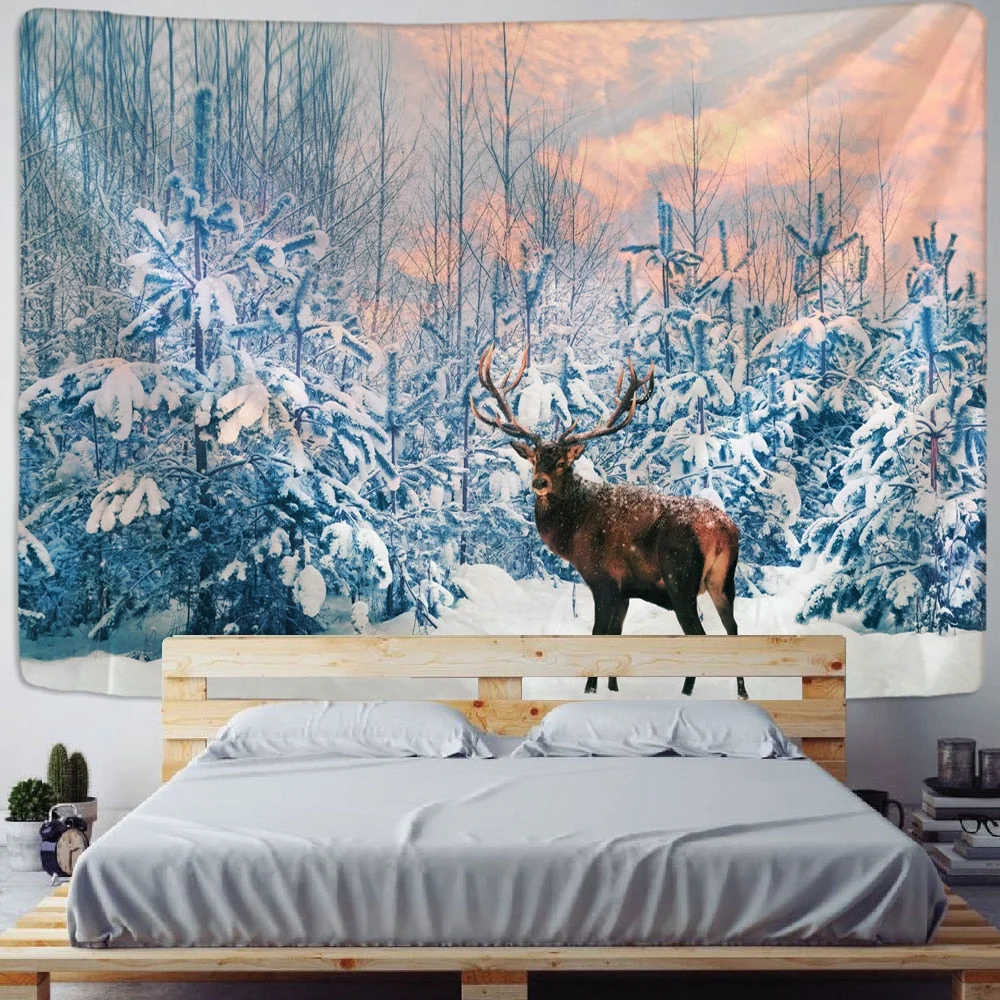 Xmas Tapestry Home Wall Hanging Polyester Reindeer In The Snow Animal Landscape Natural Forest Printed Large Wall Tapestry