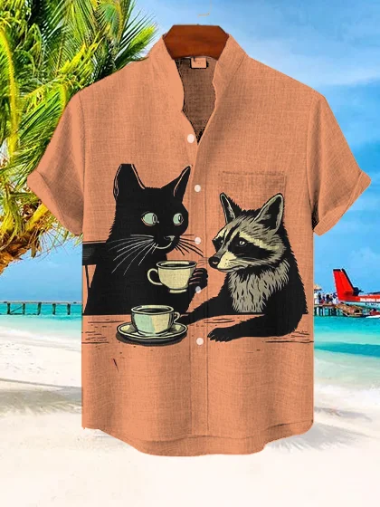 Men's Cat And Raccoon Drinking Coffee Print Casual Shirt