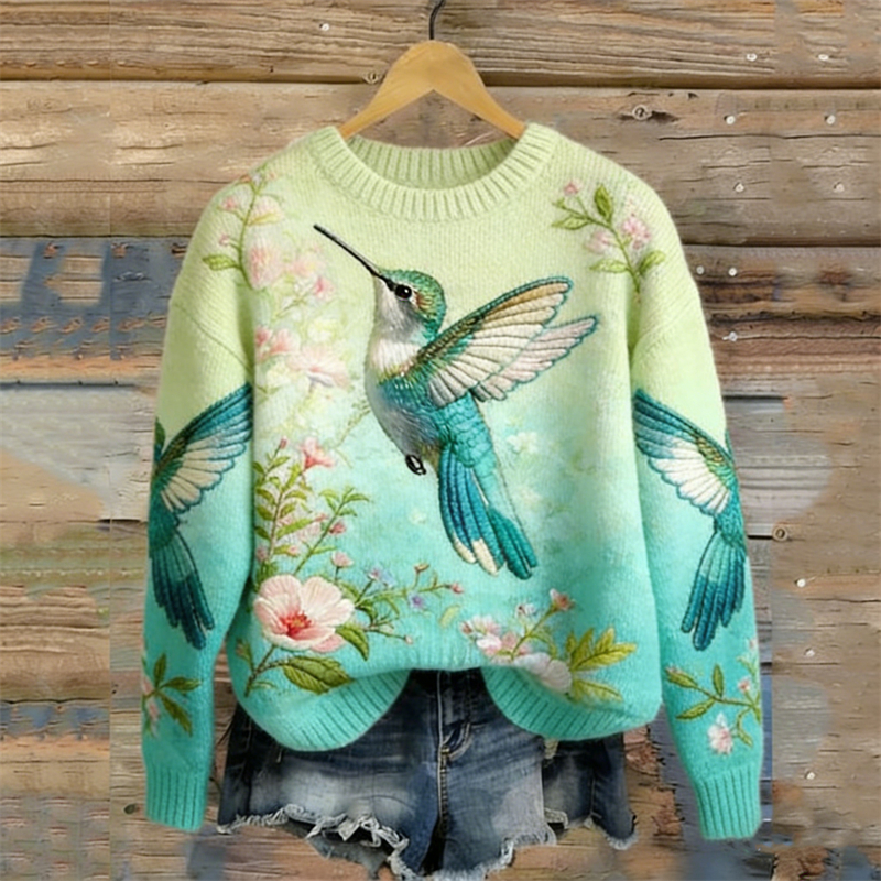 Elegant Humming Birds Floral Gradient Cozy Knit Sweater wearshes