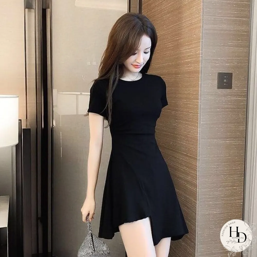Women Dress Short Sleeves Classic Stylish Ulzzang Mini Asymmetrical Tunic Black Elegant Femme Sweet Cool Girls Leisure Chic Ins