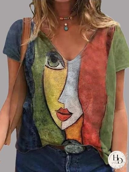 Abstract Character Print V-neck Short Sleeve T-Shirts