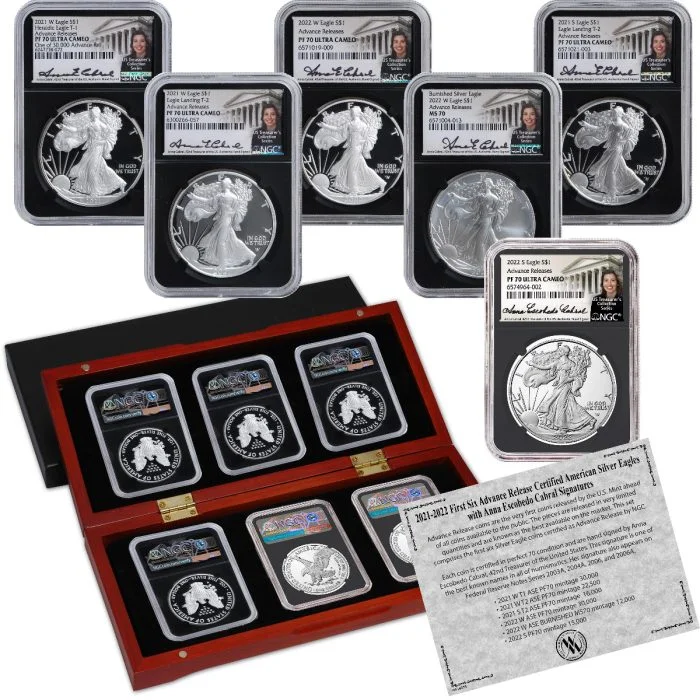 Complete Six Coin Set of Every Advance Release Silver Eagle - Cabral Signatures