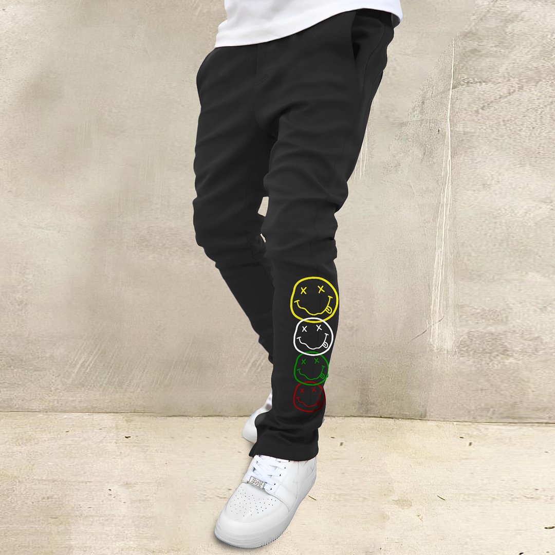 Street style loose smiley print sports trousers